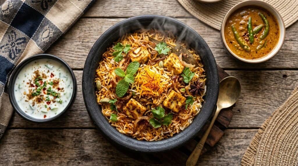 Pepper Fry, located at 1350 Matheson Blvd E in Mississauga (near Square One), serves four different vegetarian biryanisย Paneer Biryani, Pepperfry Special Veg Biryani, Gongura Paneer Biryani, and Gutti Vankaya Biryani โ all cooked fresh to order and available for dine-in, takeout, and delivery.