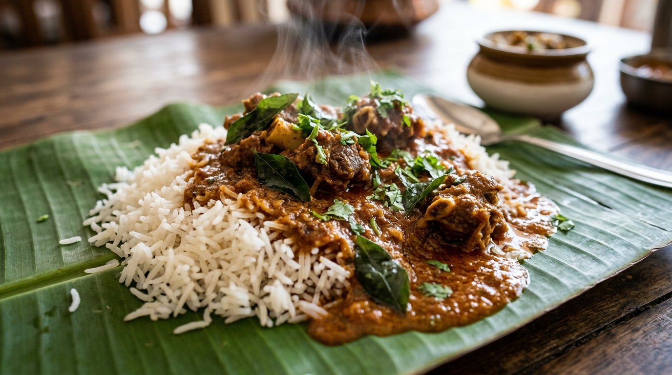 Telangana mutton curry served on banana leaf at Pepperfry