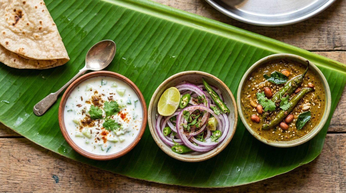 Raita, onion salad, and Mirchi ka Salaan served on