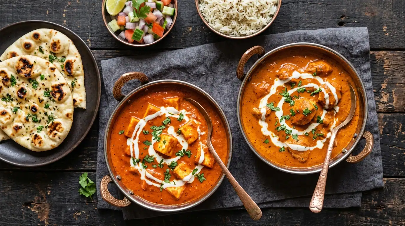 Butter chicken and paneer butter masala curries for Indian catering