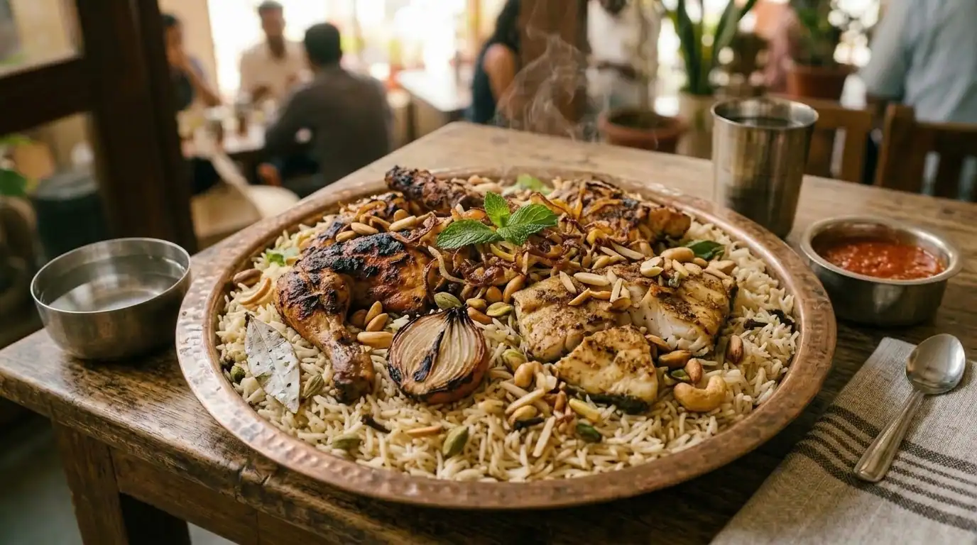 Chicken and fish mandi platter at Pepperfry South Indian restaurant
