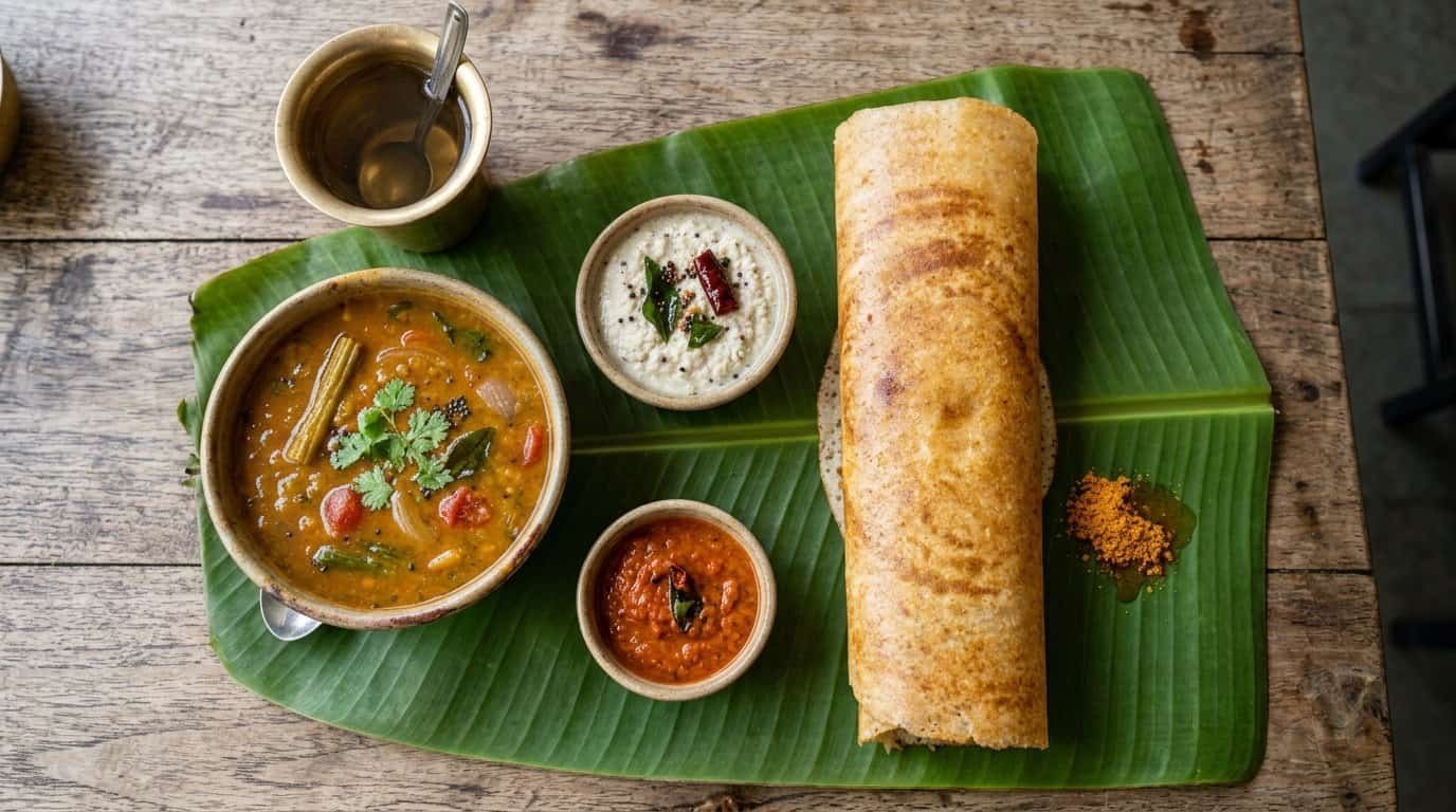 Crispy masala dosa served with sambar at Pepperfry Indian Kitchen