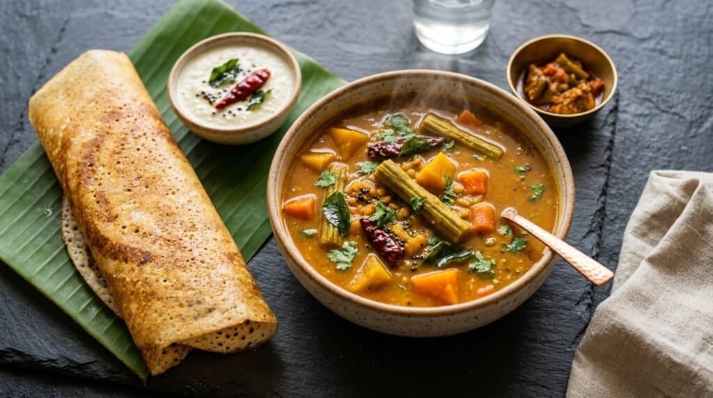 Fresh South Indian Sambar Near Me with dosa and chutney at Pepperfry Indian Kitchen Mississauga