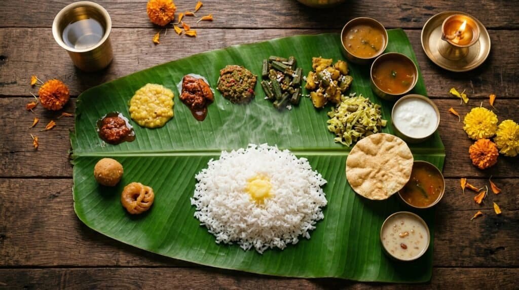 Dussehra Special Aritaku Bhojanam served on a banana leaf at Pepperfry Indian Kitchen, Mississauga