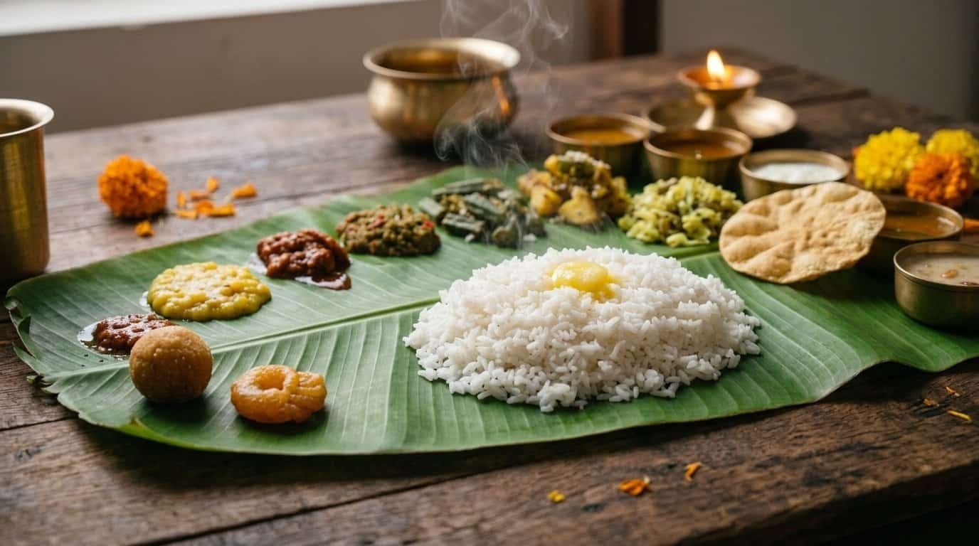 Close-up of a traditional South Indian banana leaf meal with rice, dal and curries