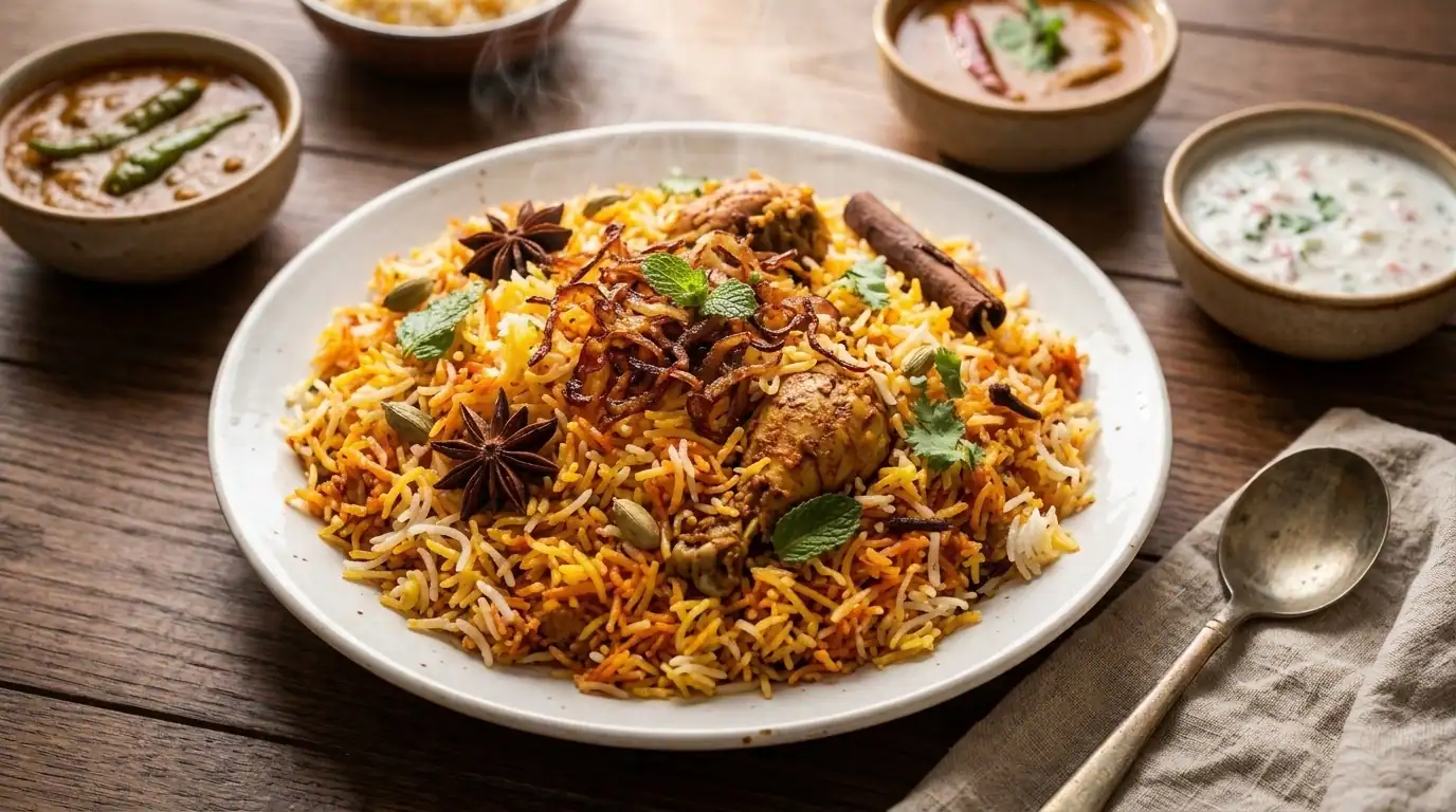 Hyderabadi dum biryani served with salan and raita in Mississauga